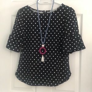 Navy Polka Dot Top w/ Ruffle Sleeves Size S